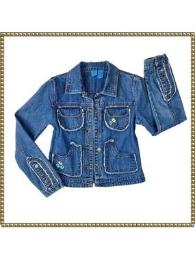 Denim Jacket Floral Embroidered Fringe Medium